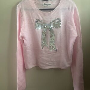 No Boundaries Pink Crewneck Sweater with Silver Sequin Bow